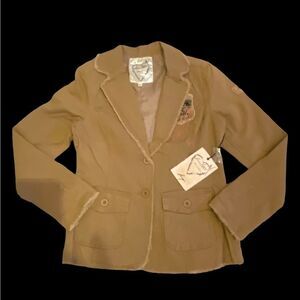 Trendy Bohemian jacket, frayed edges, embroidered patches by Love Stitch NWT L.